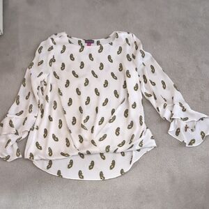 Vince Camuto White Blouse with Gold Paisley Design